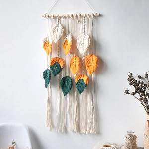 Bohemian hand-woven wall tapestry with feather leaf fringe and wooden beads decor
