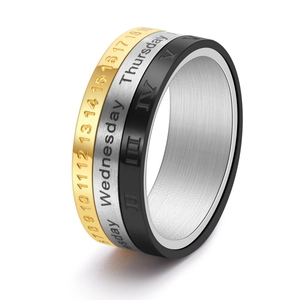 Rotatable Calendar Ring Titanium Steel Tricolor Roman Numeral Date Week Men Spinner Band Trendy Jewelry