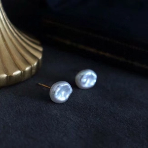 Irregular Baroque natural freshwater pearl earrings with S925 silver needles on dark base
