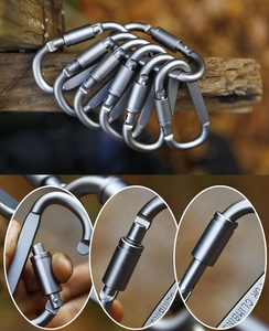 Detail of five gunmetal aluminum D-shaped carabiners with screw lock mechanism