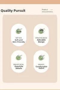 Detail guide showing soft skin-friendly fabric and cute plush dog toy design features