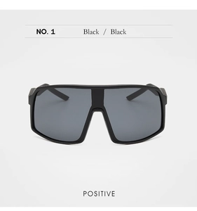 Macro front view of solid black one-piece cycling sunglasses with wide protective frame