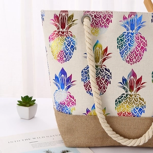 Minimalist canvas tote bag with pineapple print and jute splicing featuring cotton rope handles