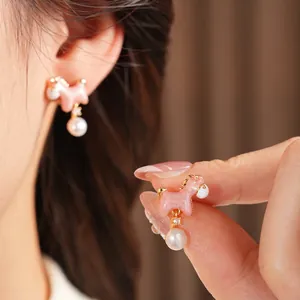 18K gold plated pink puppy earrings with elegant pearl drop and crystal accents