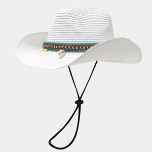 Detail of bohemian straw hat featuring colorful ethnic band and natural seashell charms