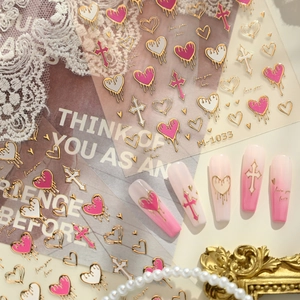 3D Nail Art Stickers Gold Stamping Heart Cross Pink White Y2K Sweet Cool Style Self Adhesive Manicure Decals M-1033