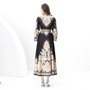 Vintage palace style long sleeve floral paisley printed maxi dress with stand collar