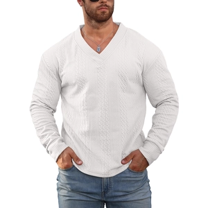 Men's white V-neck knit sweater with classic cable stitch pattern long sleeves