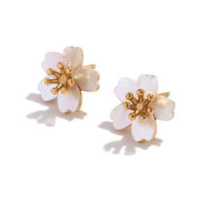 Elegant 18K gold plated stainless steel cherry blossom stud earrings with white mop