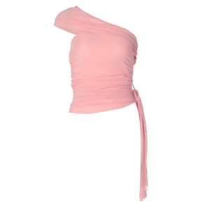 Detail of pink one-shoulder mesh top with ruched texture and side ribbon tie accents