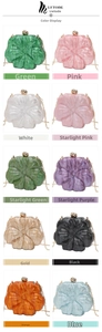 Detailed grid of flower-shaped acrylic evening bags in ten vibrant marbled colors with gold chains