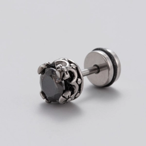 Men's gothic stainless steel stud earring featuring a black zircon stone with vintage carvings