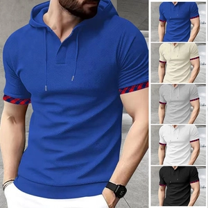 Men's summer short sleeve waffle knit hoodie polo shirt in various colors with grid trim