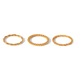 Three-piece set of gold stainless steel twisted, beaded, and chain stackable rings