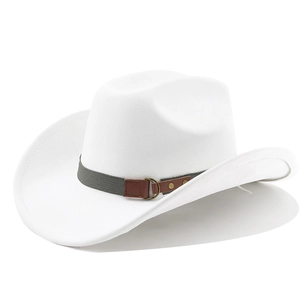 Classic white felt western cowboy hat with grey band and brown leather buckle detail