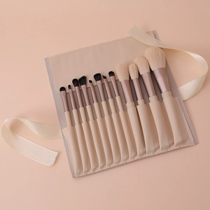 12-piece beige Morandi makeup brush set with PU leather rolling case and soft fiber hair