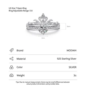 Luxurious S925 sterling silver crown ring with sparkling crystals and size chart details