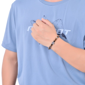 Male model wearing adjustable 6mm natural stone beaded bracelet with cross pendant
