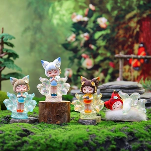 Detailed group view of four Nine-Tailed Fox resin figurines in a forest miniature setting