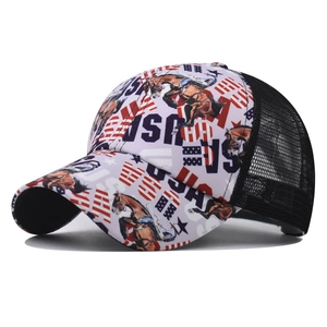 Detailed macro view of American flag horse print and breathable black mesh on baseball cap
