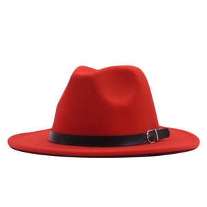 Classic red wide brim wool fedora hat with black belt buckle and flat brim style