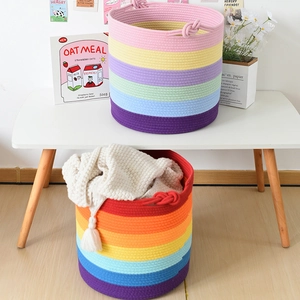Nordic woven cotton rope storage baskets in macaron and rainbow colors for laundry and toys