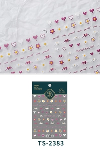 Macro detail of 3D nail stickers featuring purple hearts and floral patterns TS-2383