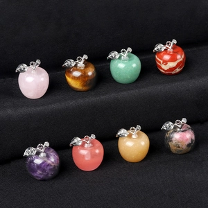 Mini Apple Pendant Natural Gemstone Crystal Healing Stone With Metal Leaf For DIY Jewelry Making Christmas Pocket Decor
