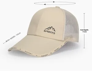 Detail of outdoor mesh cap with 10cm long brim and breathable khaki fabric panel