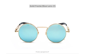 Detailed macro view of retro steampunk gold metal frames with blue lenses and CE markings
