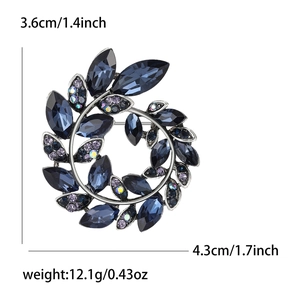 Elegant silver olive branch wreath brooch with blue and purple rhinestones, 4.3x3.6cm