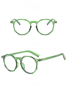 Detail of transparent green polygon glasses frame showing front and side views