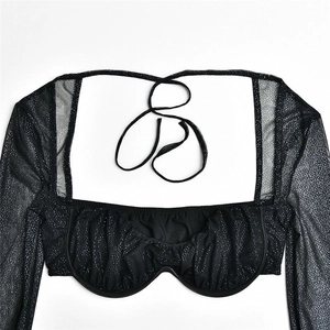Detail view of black mesh long sleeves and sparkling fabric on a square neck top