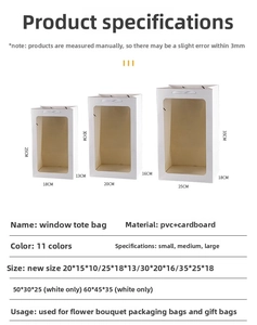 Size chart showing S, M, and L dimensions for PVC window gift bags with cardboard material