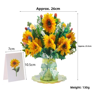 Detailed 3D pop-up sunflower bouquet card with dimensions and weight specifications