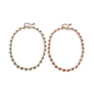 Retro gold necklaces with oval red and green gems, elegant vintage jewelry for women
