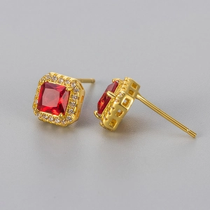 Elegant gold square red zircon stud earrings with white diamond halo for women