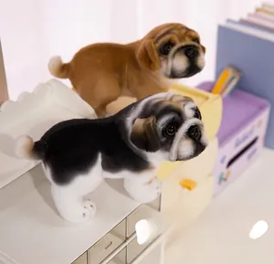Close-up of realistic pug and french bulldog plush toys with soft fur texture details