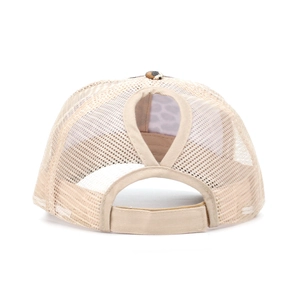 Detail of high ponytail opening and adjustable velcro strap on breathable mesh cap
