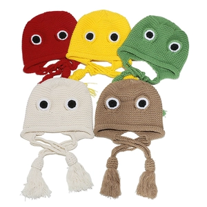 Cute frog-style knit earflap hat with large cartoon eyes and decorative tassels in five colors
