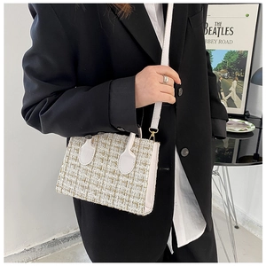 Close-up of beige tweed handbag with gold hardware and white handles on model