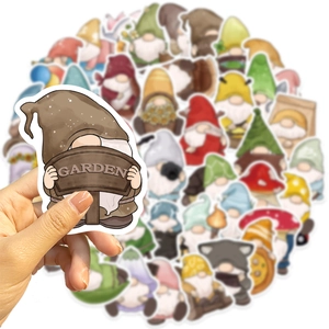 Close-up of a waterproof cartoon garden gnome sticker with colorful PVC finish
