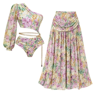 Floral Print One Shoulder Long Sleeve Monokini One Piece Swimsuit With Cut Out And Metal Chain Holiday Beachwear