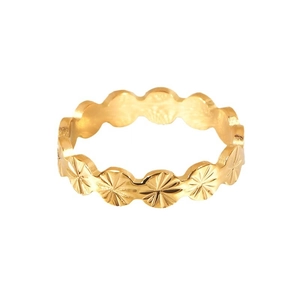 Titanium steel gold-plated wavy flower ring with sunburst carvings on a white background