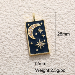 Detailed view of gold rectangle pendant with moon and stars including 28x12mm dimensions
