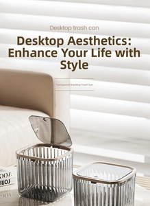 Macro view of a clear ribbed desktop trash can with champagne gold trim and lid