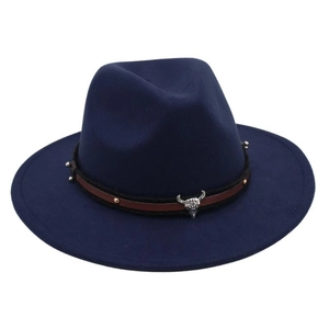Detail of western fedora featuring leather band with silver bull skull metal ornament