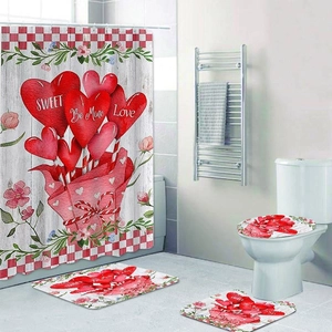 Detail view of 4-piece bathroom set with red hearts, floral motifs and sweet text patterns