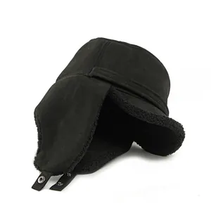 Gorro de aviador negro de invierno para hombre con forro cálido de lana de cordero