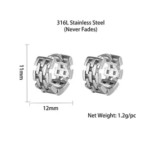 Industrial 316L stainless steel hoop earrings with hollow grid pattern for men